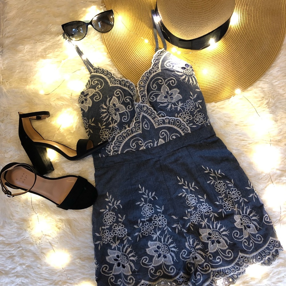 Embroidered Scalloped Hem Romper